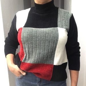 Classic Elements turtleneck sweater, multicolor color block, size Large.